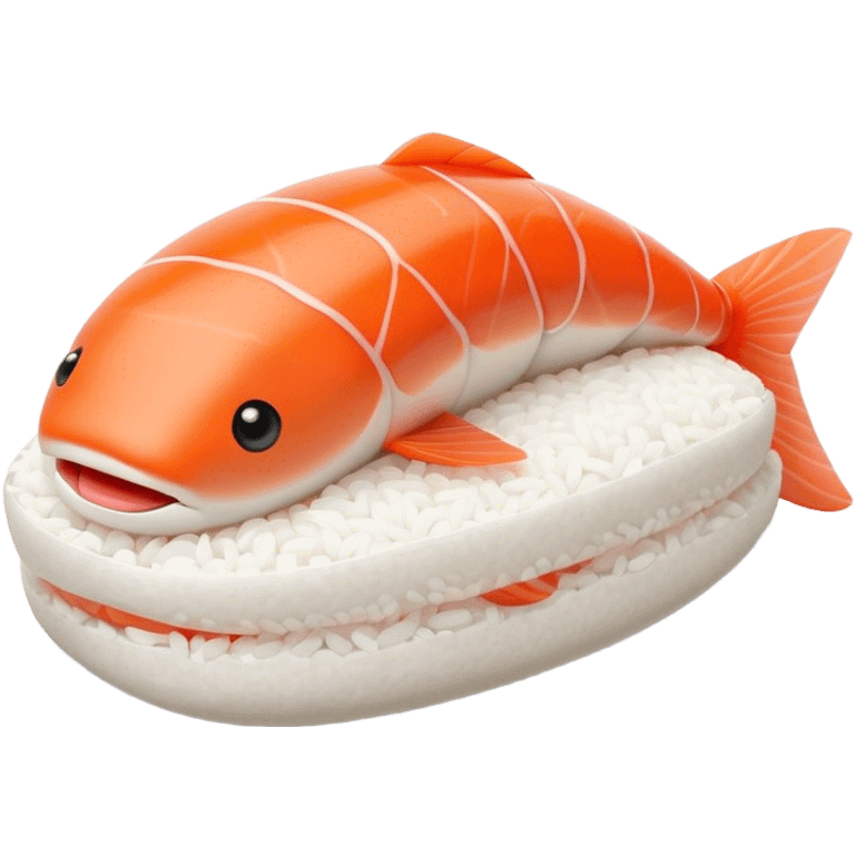 Cute Kawaii Nigiri Sushi, plump and happy, a soft white rice pillow topped with bright orange salmon, tiny blushing cheeks, big round eyes, a joyful floating expression! emoji