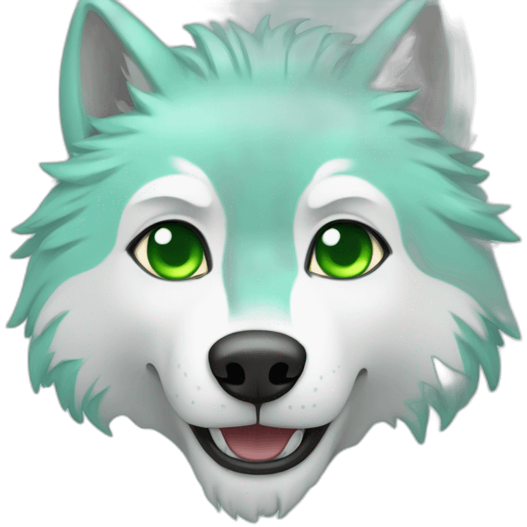 light turquoise and white wolf with green eyes and one eye is grey and dead emoji