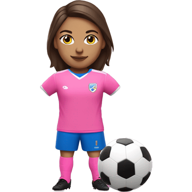 Brunette soccer player with blue eyes in pink jersey with pink cleats emoji