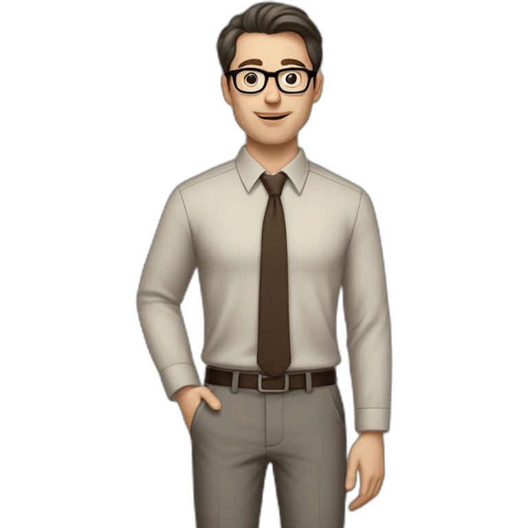 Full height Pale skinned fit man with dark brown hair in gray jacket, beige office shirt, brown tie, brown pants and vintage glasses. His right hand stretched out emoji