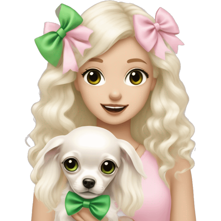 pale blonde girl with long platinum white wavy hair with bright green eyes and wearing a light pink hair bow holding a black and white long haired chihuahua puppy also wearing a hair bow emoji