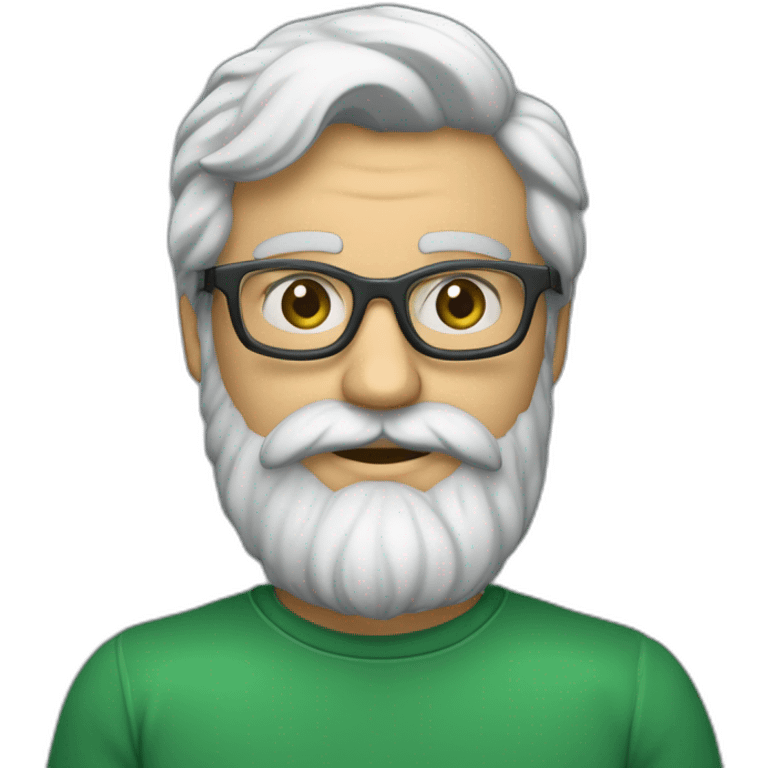 un homme d'une cinquantaine d'années avec un barbe blanche coupée courte cheveux gris  avec des lunettes vertes et sweatshirt gris foncé emoji