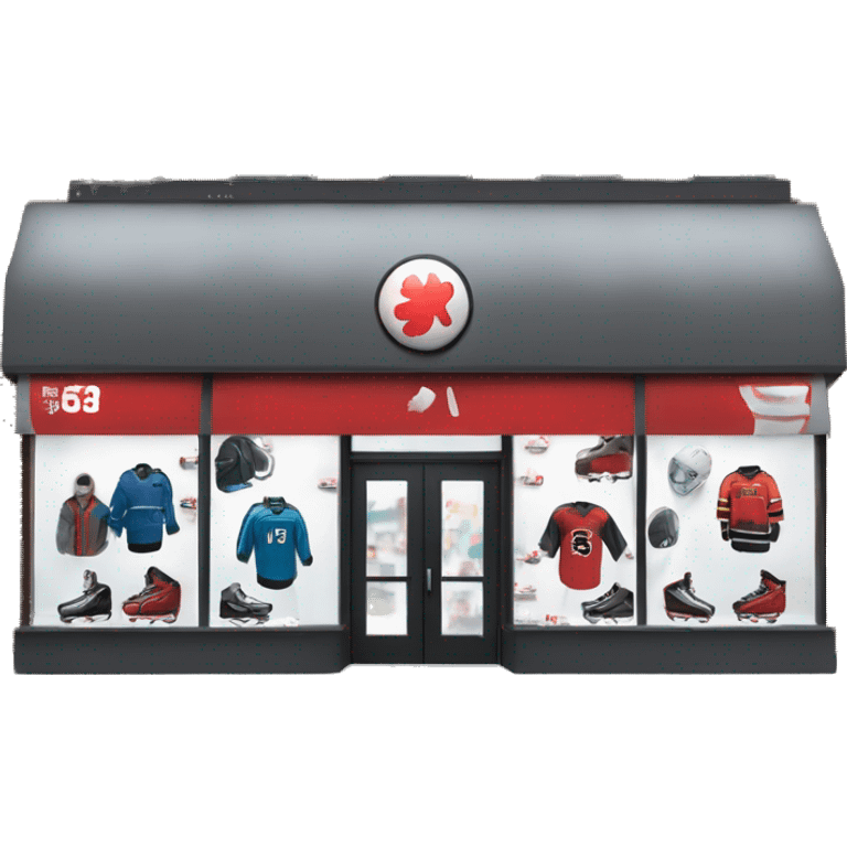 “Hockey store exterior with bold signage, large windows displaying hockey equipment, jerseys, and gear, and a sleek, sporty design that captures the essence of the sport.” emoji