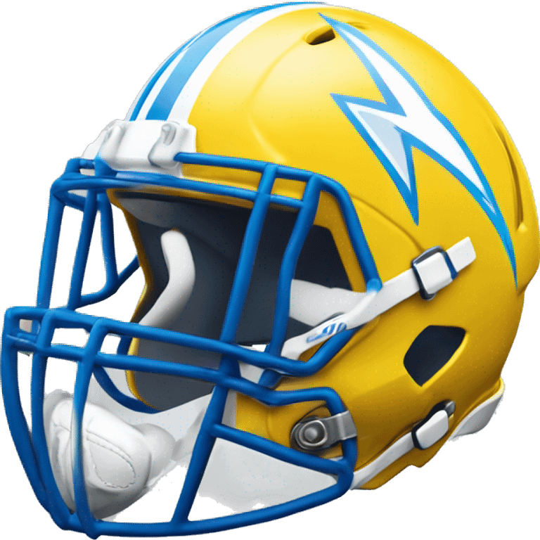 A man with a white football helmet with a blue stripe down the middle of the helmet and a yellow lightning bolt on the side of the helmet he also is wearing a jersey that says Los Angeles chargers on the front that is light blue and yellow and white emoji