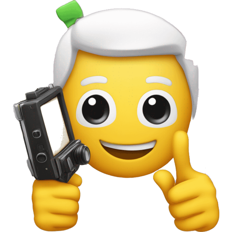 An emoji depicting challenge videos, featuring a camera and two hands giving a thumbs up, with colorful question marks and exclamation points around, symbolizing fun, excitement, and various challenges emoji