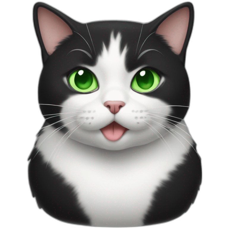 Black and white, cat, fat, green eyes, tongue out, cute emoji