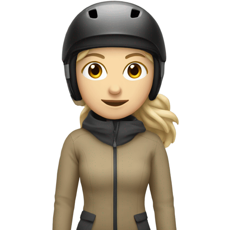 white WOMAN skiing wearing an TAN JACKET and a GREY HELMET and wearing BLACK PANTS emoji