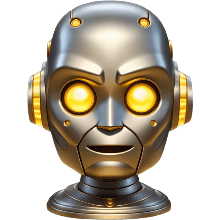 Cinematic Cute Mighty Iron Golem Portrait Emoji Head tilted playfully and inquisitively, featuring a sleek yet sturdy metal form with smooth, polished steel plating and glowing golden engravings, accented by faintly humming energy veins that pulse with life; rendered with lifelike clarity and soft, natural reflections, high shine, charming yet robust, styled with a touch of whimsical fantasy, soft glowing outline, capturing the essence of a watchful yet endearing golem, as if it might shift its massive head with a slow, thoughtful nod at any moment! emoji