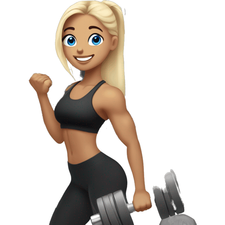 Gym girl lifting weights,baylage hair blue eyes, smiling wearing black gym leggings emoji