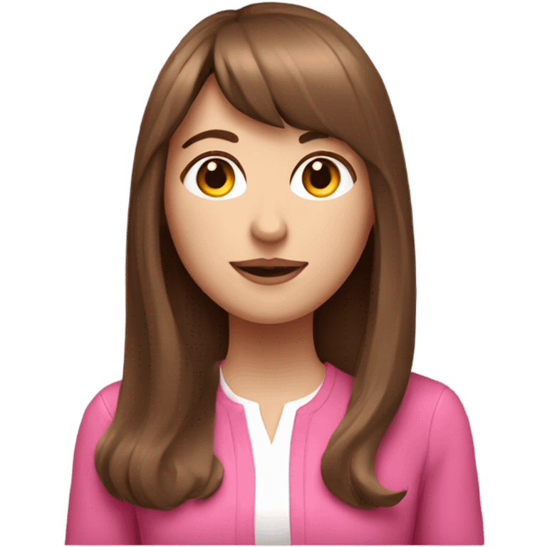 White girl with Long brown hair with bangs with a pink outfit  emoji