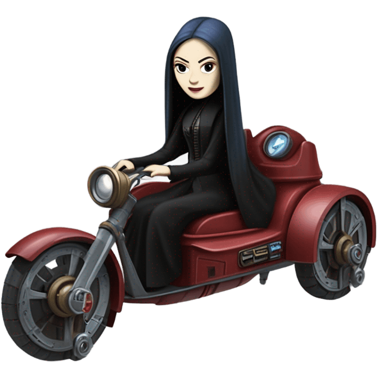 Jedi teen Morticia Addams flying a old red and blue Jumpspeeder anti-gravity repulsorlift powered by an imperial speeder steampunk  emoji