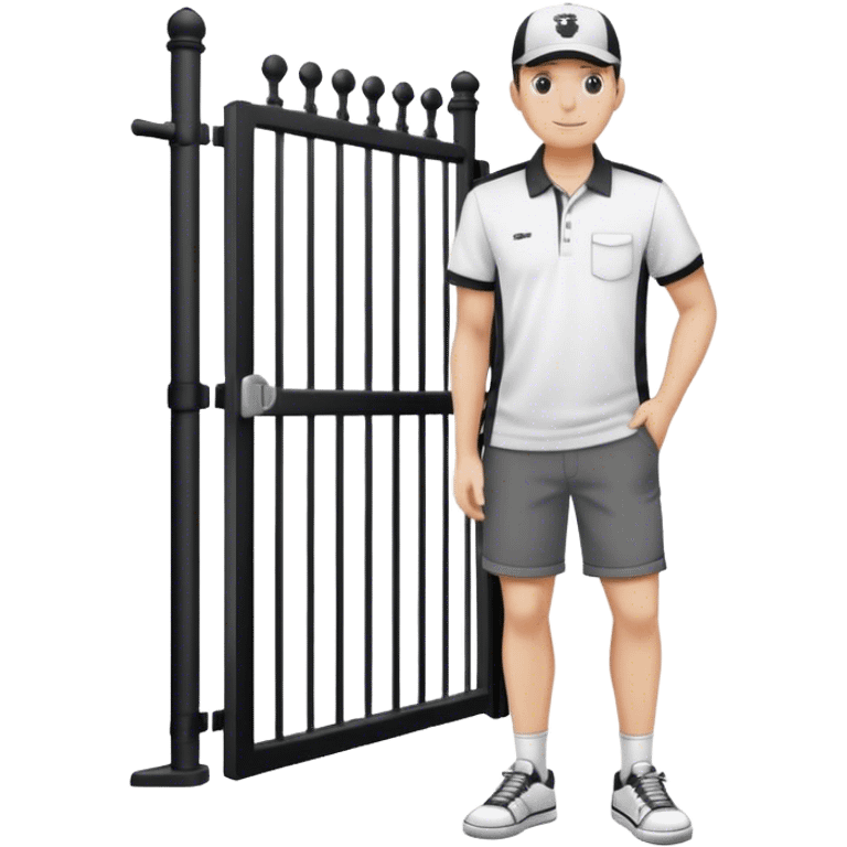 Pool attendant standing by a gate, wearing a cap, polo shirt, shorts, and sneakers, in a simple black and white outline style emoji