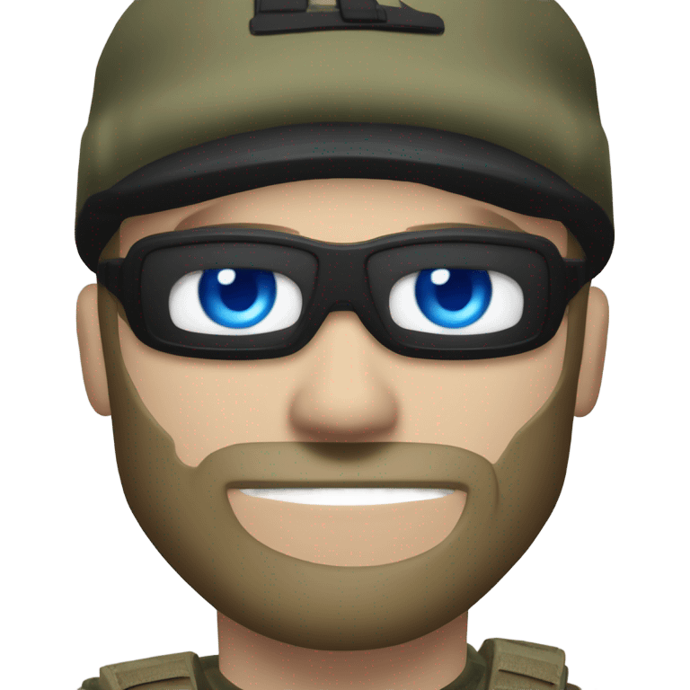 White male, call of duty black mask, camo tactical gear, tan combat boots, black beanie, blue eyes emoji