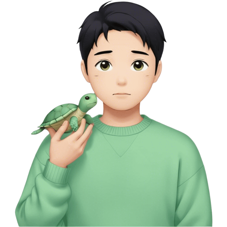 Gorgeous pastel green sweater black hair anime style shojo guy with blushing face and, turtle, aesthetic, young adult, trending style outside  emoji