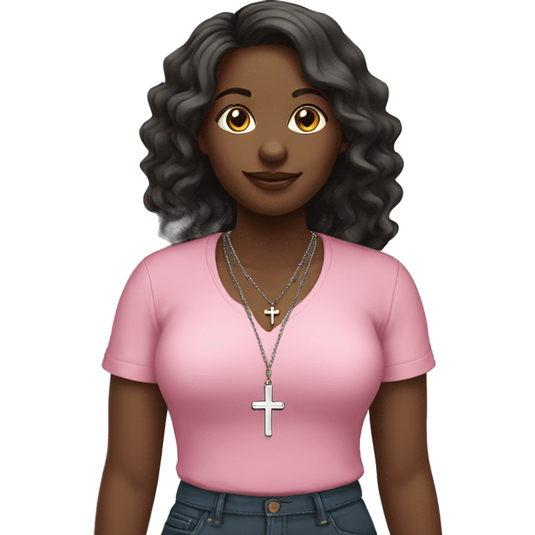 Full body christian black female pink shirt long wavy with cross necklace  emoji