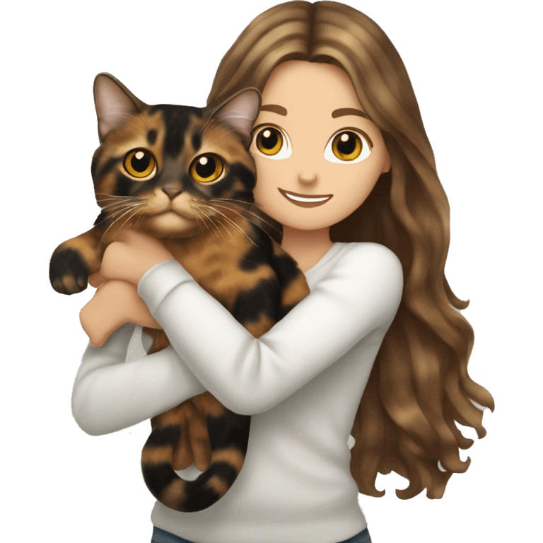 Tortoiseshell cat being held by a white girl with long wavy brown hair  emoji