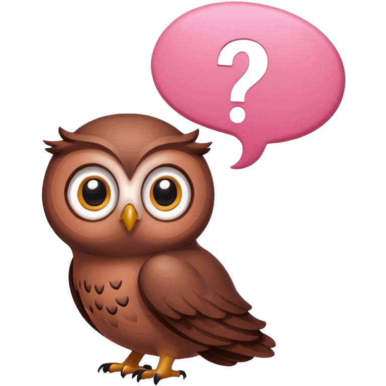 Tiny all brown owl looking up at a pink question mark inside a thought bubble emoji