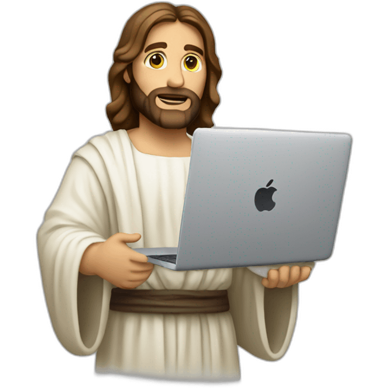 Jesus Christ wearing a cohort holding a macbook emoji