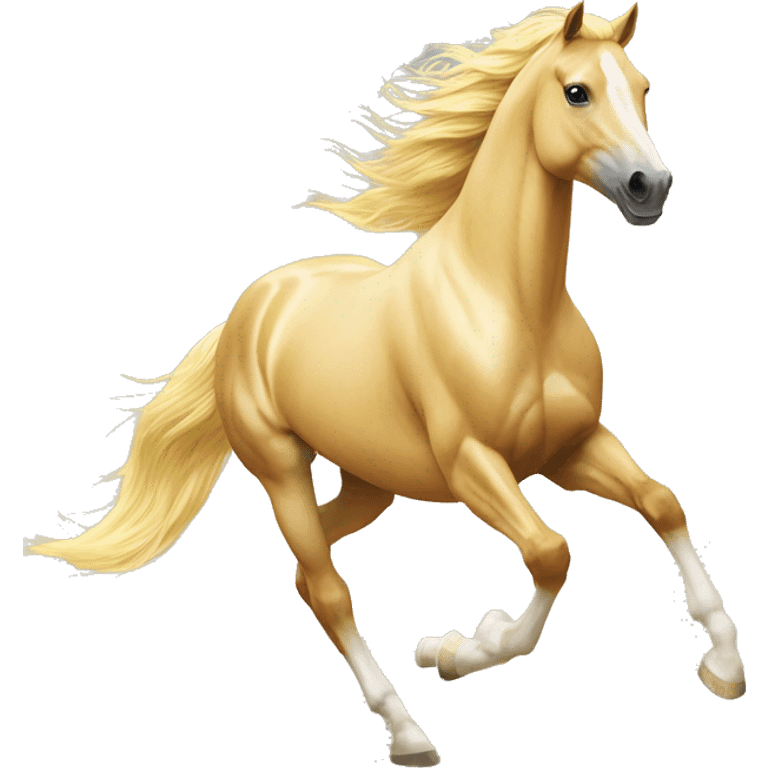 Yellow palomino horse with long flowing mane galloping with prosthetic leg, slender horse, solid yellow horse, running, yellow horse galloping with prosthetic leg, pretty horse emoji