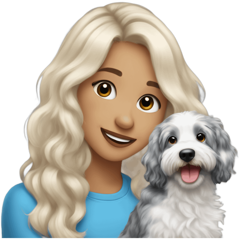 Blonde girl holding blue Merle aussiedoodle  emoji