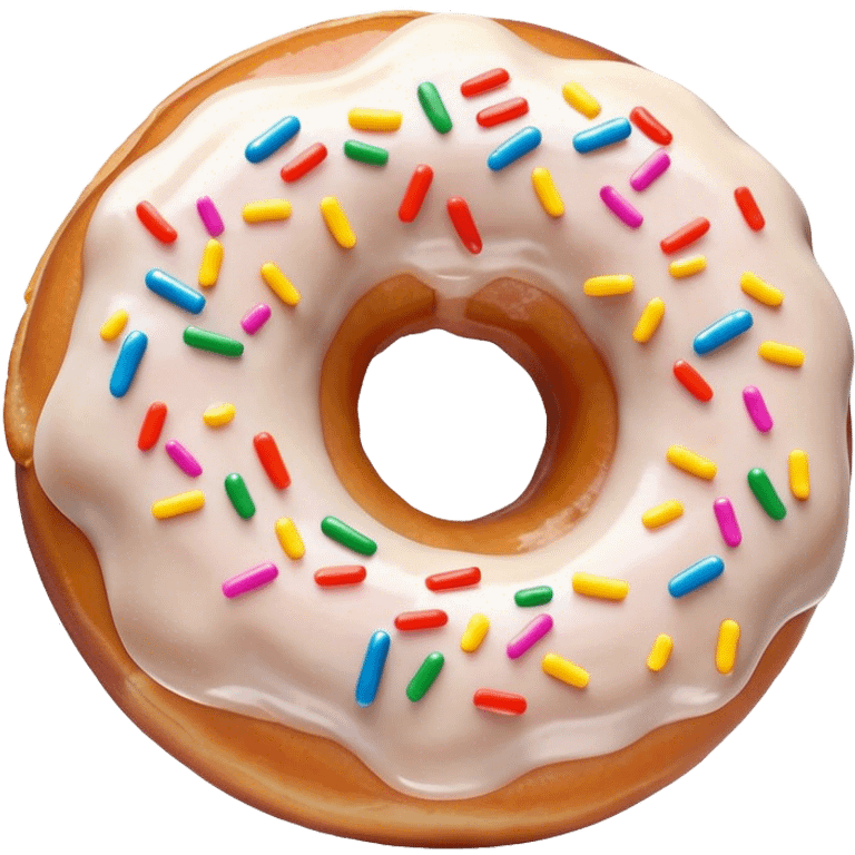 Cinematic Realistic Donut Dessert Emoji, depicted as a fluffy glazed donut with colorful sprinkles rendered with detailed textures and playful, warm lighting. emoji