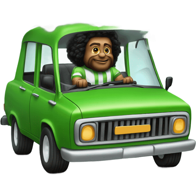 realistic portrait of bearded man Oompa, Loompa, puffing, big clouds while riding in a green Lowrider emoji