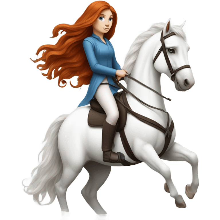 long-haired redhead woman with blue eyes, on a white horse back riding emoji