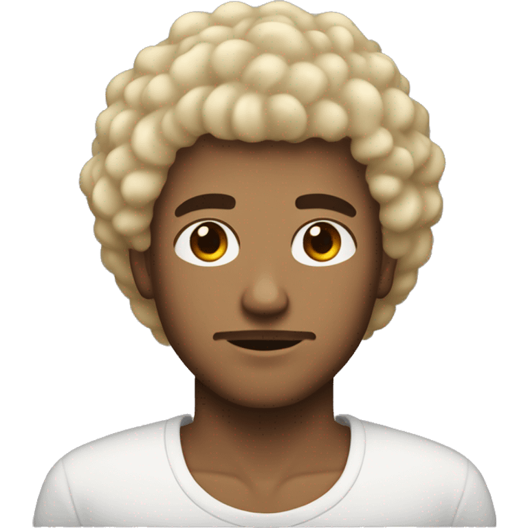 blond guy with short curly afro that is short on the sides and dark brown eyes and serious face emoji