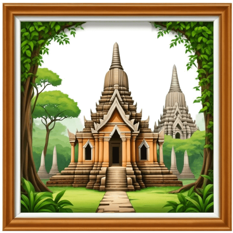 Cinematic Realistic Ayutthaya Ruins Landmark Emoji, depicted with ancient temple ruins amid lush greenery rendered with dramatic textures and nostalgic, warm lighting. emoji