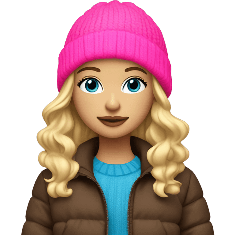 Blond girl blue eyes brown puffer jacket neon pink nitted beanie  emoji