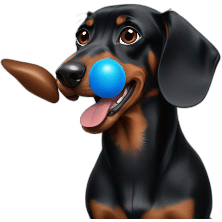 a black dachshund with brown paws and a blue ball in its mouth emoji