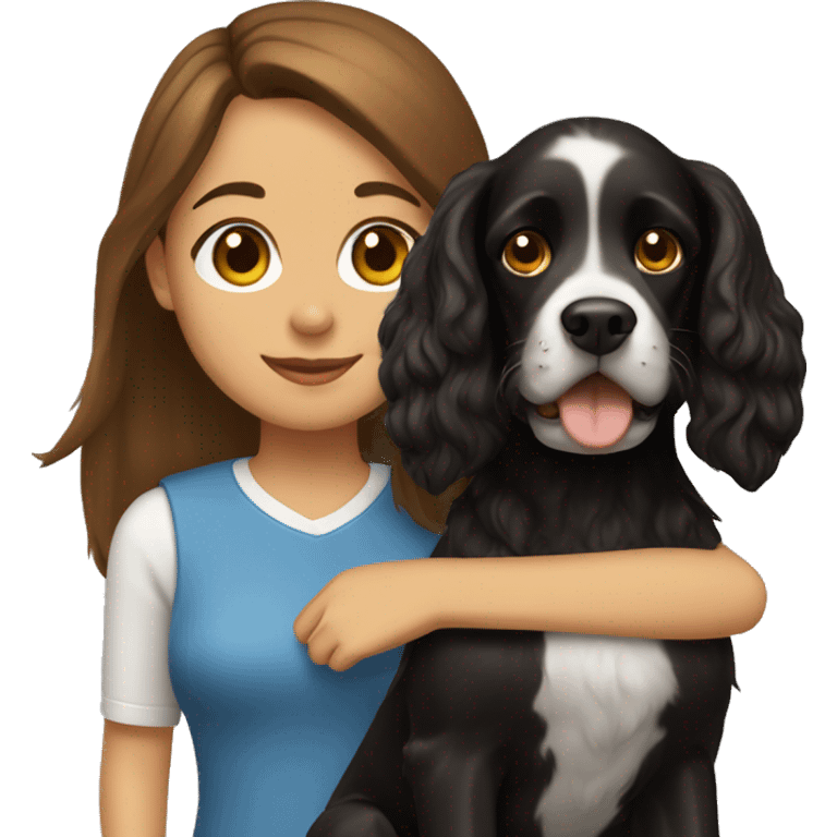 brown, straight-haired girl with a black cocker spaniel emoji