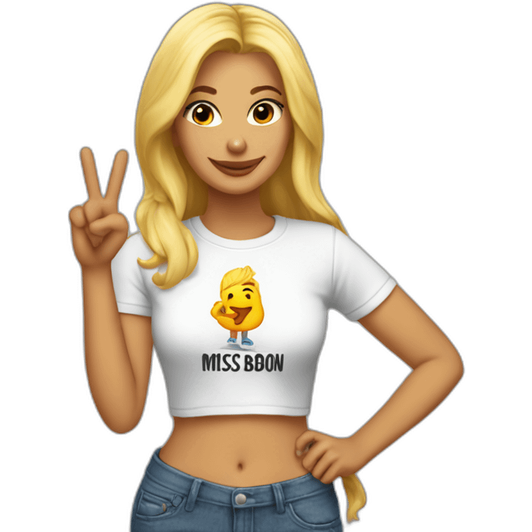 A blonde making the peace sign and wearing a t-shirt with the text "Miss Bourbon" emoji