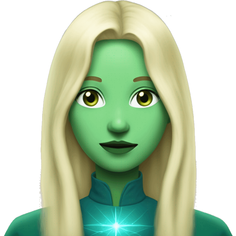 nordic pleiadian in green clothing with thin face long blonde hair and blue eyes emoji