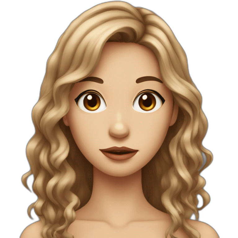 long wavy brown hair skinny girl with long side bangs, thin face and makeup from head to chest emoji