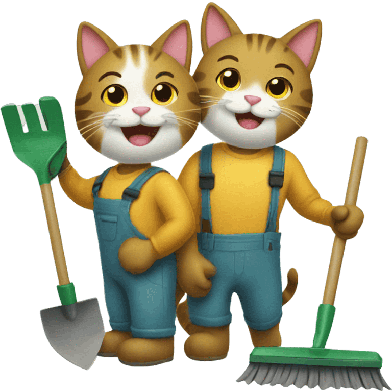 two happy cats doing yardwork  emoji