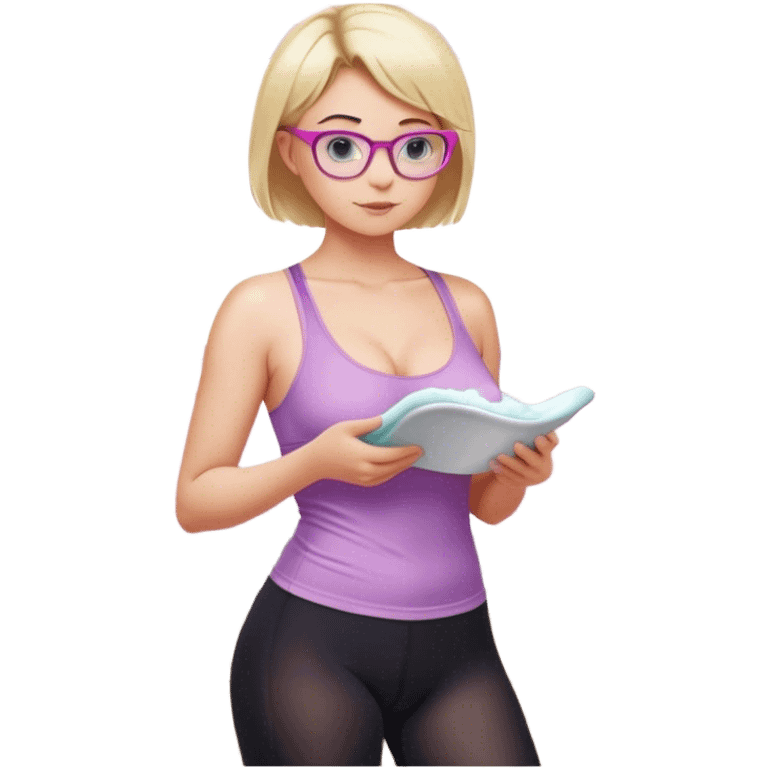 Thick fair skinned woman, short blond hair, small light purple reading glasses, washing dishes, sheer pink tank top, showing natural B cup breast shape SFW, black yoga pants, thick booty emoji