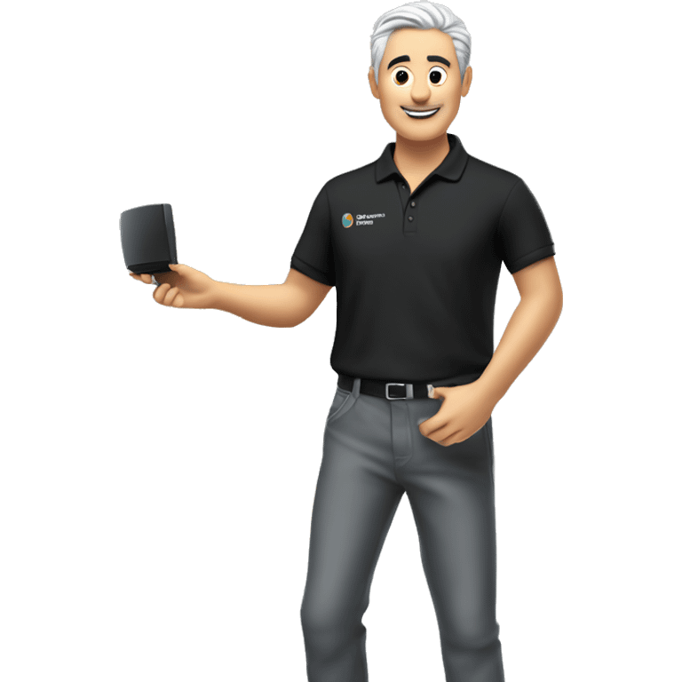 Technician with grey hair wearing a black polo shirt installs a TV onto a white wall of an exhibition stand emoji