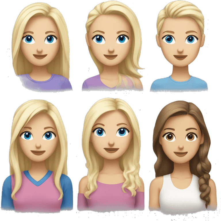 two blonds with blue eyes, one short and one tall next to a brunette with brown eyes of medium height emoji