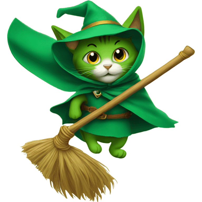 Green Cat on a broomstick with a cape  emoji