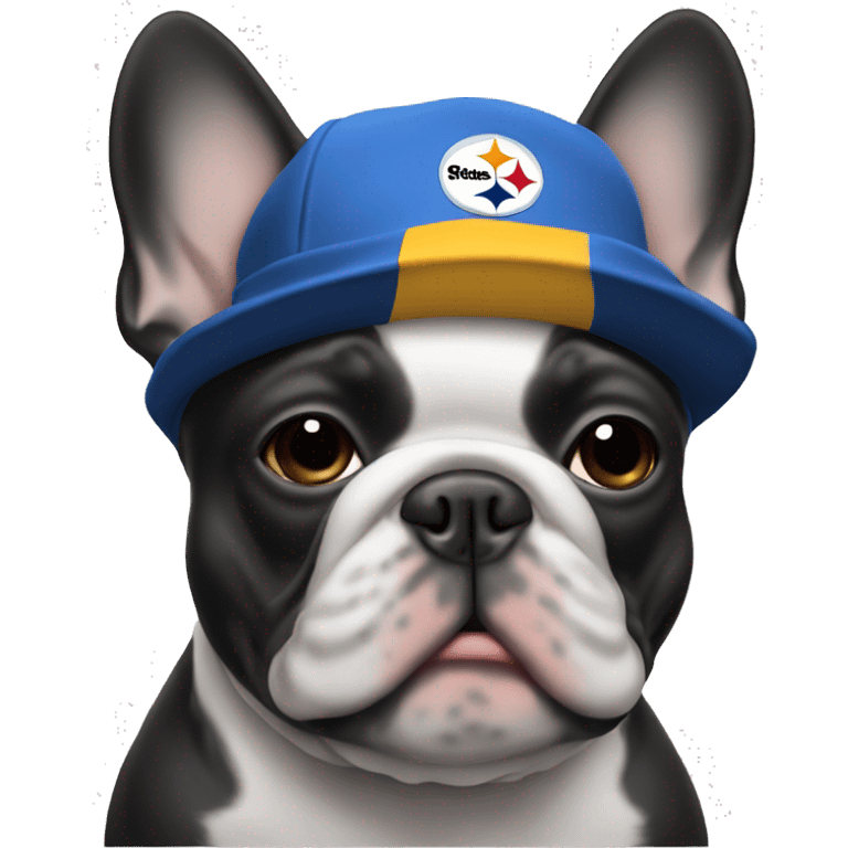 Blue frenchie with white mask wearing Steelers hat emoji