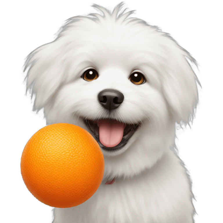 White fluffy dog with orange ball in its mouth emoji