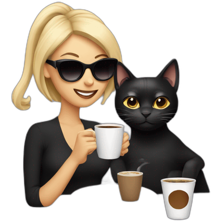 black cat with blonde woman drinking coffee and wearing sunglasses emoji