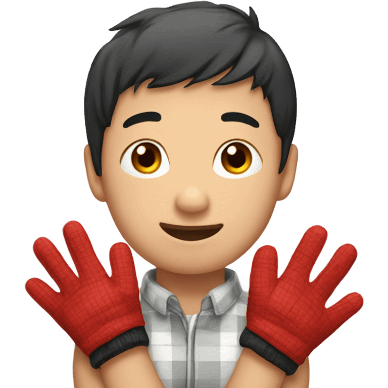 Asian boy wearing red checkered gloves on hands emoji