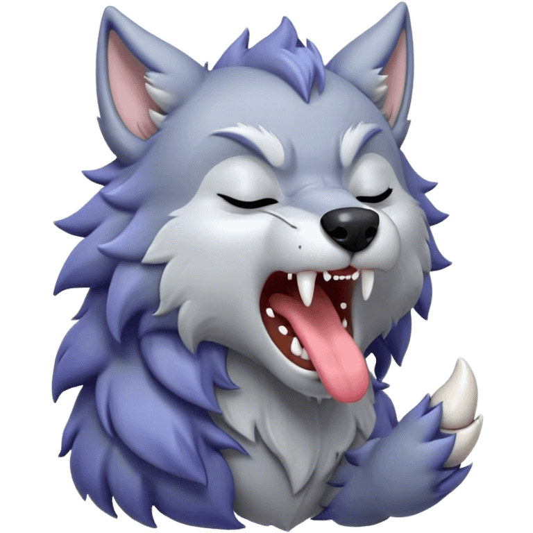 Cinematic Cute Yawning Werewolf Portrait Emoji, with a cuddly, miniature lupine form in soft moonlit grays and silvers, head leaning back in a big, adorable yawn that reveals a few fuzzy teeth, simplified yet irresistibly charming, highly detailed with a soft glowing outline that captures the drowsy, playful essence of a werewolf mid-nap! emoji