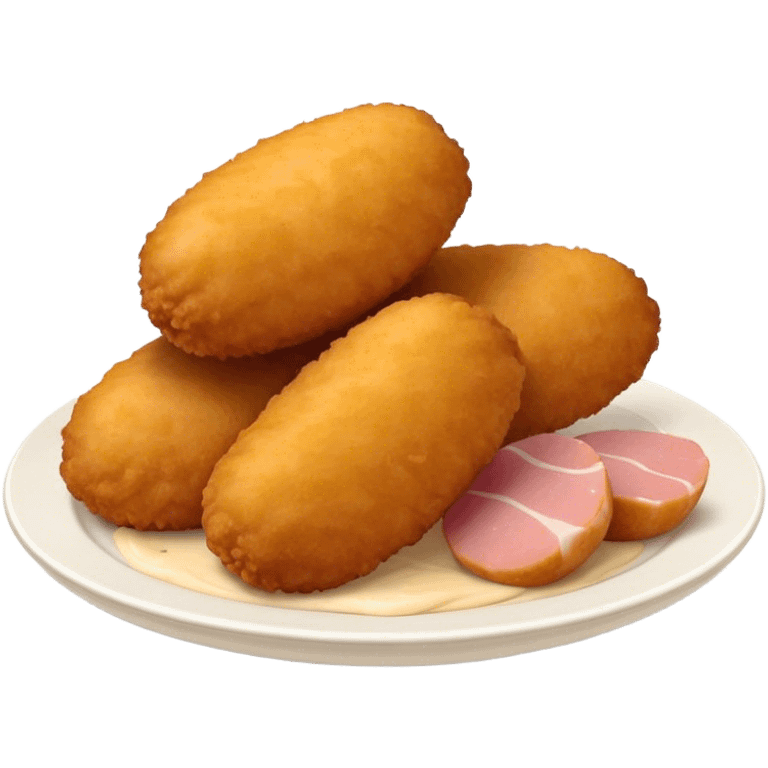 Cinematic Realistic Croquetas Dish Emoji, showcasing crispy, creamy croquettes filled with ham or chicken rendered with lifelike textures and appetizing, dynamic lighting. emoji