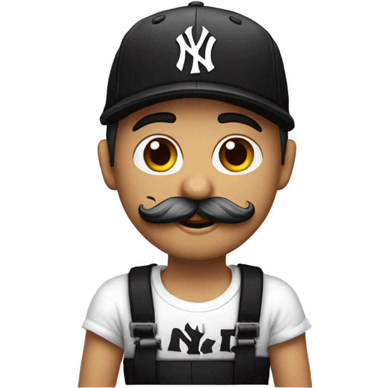 Homme blanc, viril , cheveux courts noir, moustache, casquette noir yankees noir, avec une bière, t-shirt rose emoji