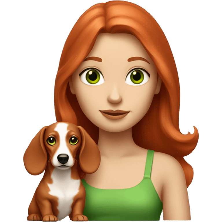 red head women with green eyes and her cream long hair dachshund emoji