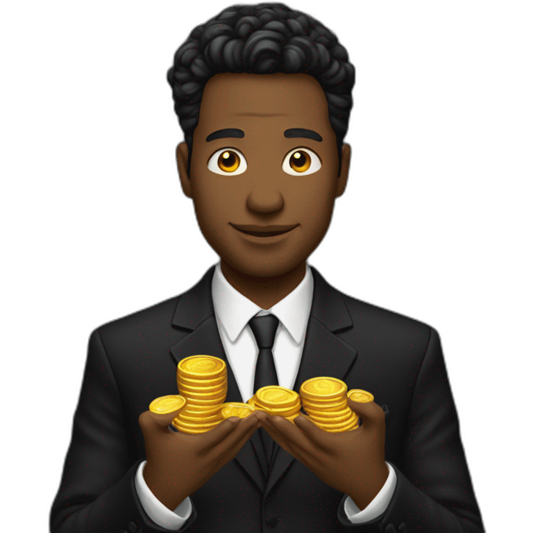 Posh-man-with-black-suit-holding-golden-coins emoji