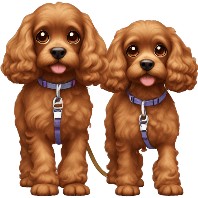 Two cute brown cavapoos walking on leash emoji